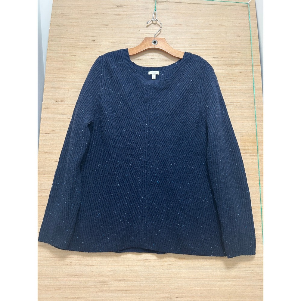 Talbots Navy Blue Donegal Tweed Chevron Ribbed Knit Crew Neck Sweater Womens L